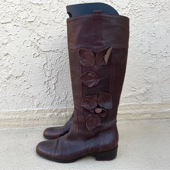 Valentino Garavani brown leather floral appliqué knee-high boots size IT 38 US 8